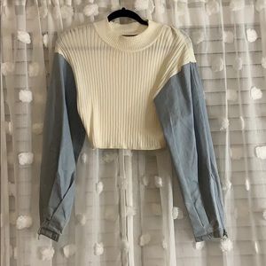 Denim Sleeve White Ribbed Crop Sweater